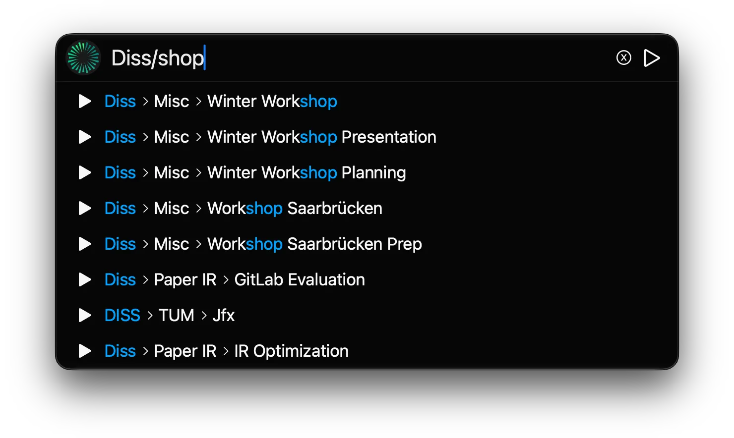 Task search for “Diss/shop” with the matched characters highlighted in each suggestion